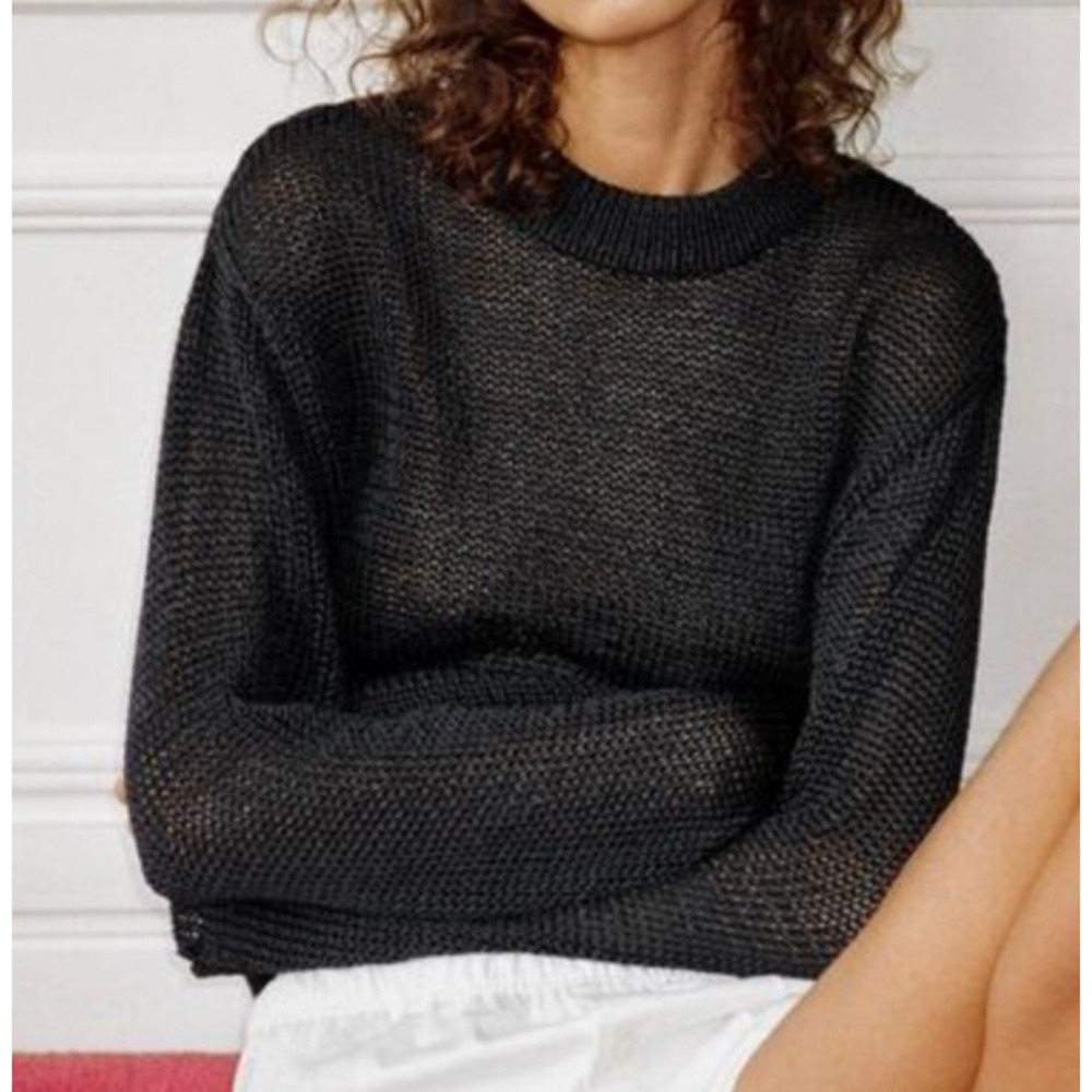 Zara Open Stitch Detail Crewneck Long Sleeve Top Black Size M NWT